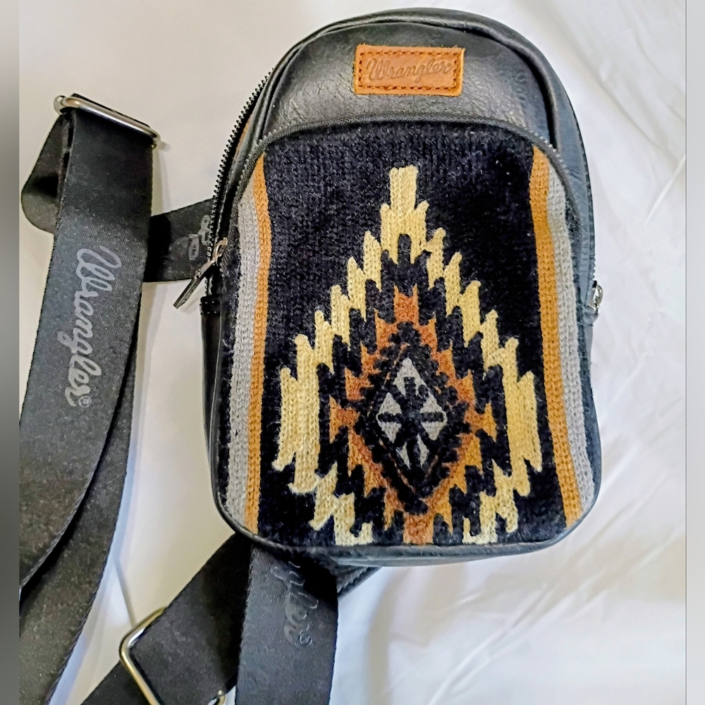 Wrangler Black Crossbody Belt Bag with Tan & Cream Aztec Panel